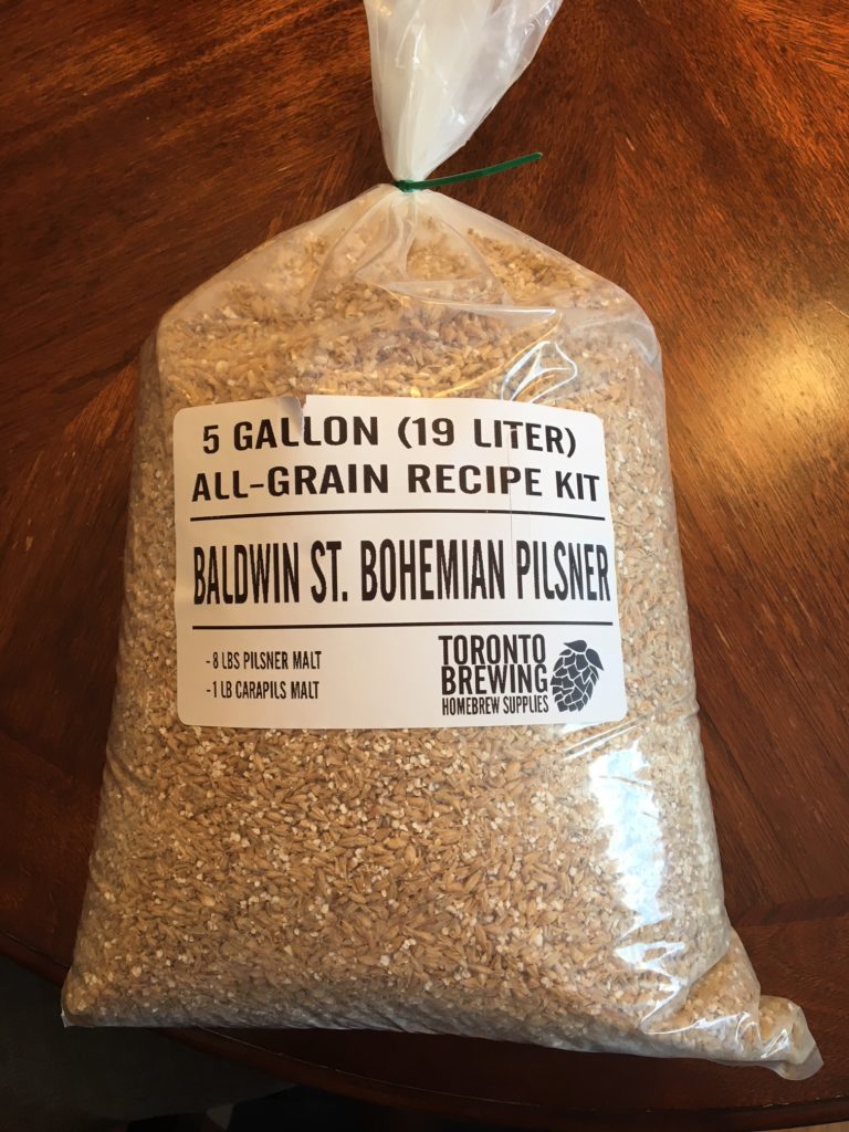 8 lbs of Pilsner Malt and 1 lb of Carapils Malt (pre-milled)